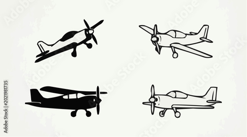 Airplane Icons Set - Vector Aircraft Symbols in Silhouette and Outline Styles for Travel and Aviation