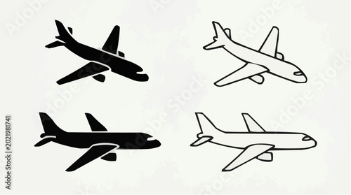Airplane Icons Set - Vector Aircraft Symbols in Silhouette and Outline Styles for Travel and Aviation