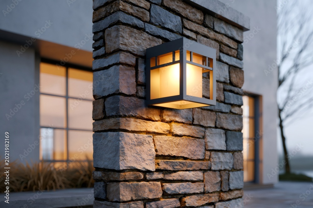 Fototapeta premium Modern outdoor lantern illuminating stone pillar at evening