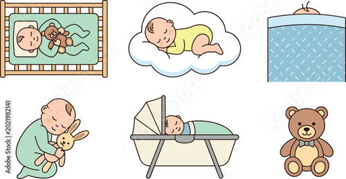 Bild auf Leinwand Cute Sleeping Baby Character Set with Newborn Infant in Wooden Crib Bassinet Clo