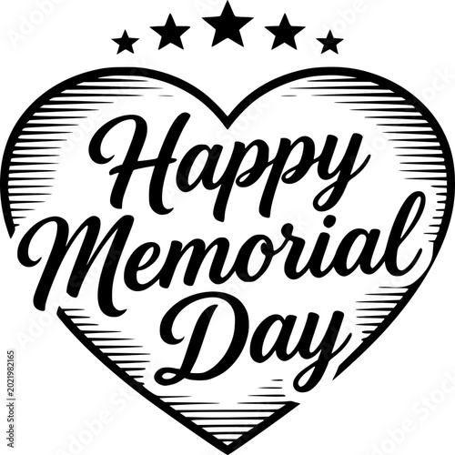 Memorial Day: A heart-shaped emblem, adorned with stars, celebrates Memorial Day with elegant typography, a respectful tribute to those who served. 