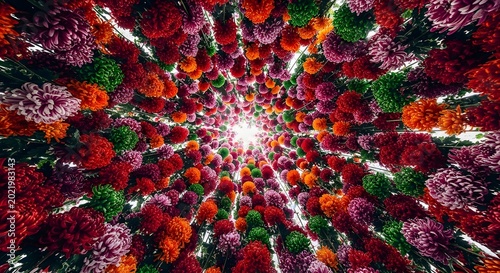 Vibrant Colorful Chrysanthemum Flowers Hanging Overhead Creating a Bright Light Tunnel View