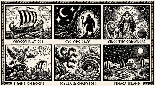 Foto Black and white of mythological scenes from odyssey, cyclops cave, and scylla ch