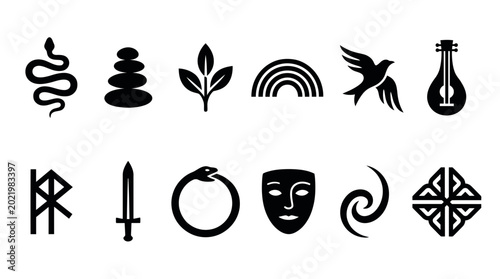 Foto Black and white collection of miscellaneous including plant, tools, and symbols