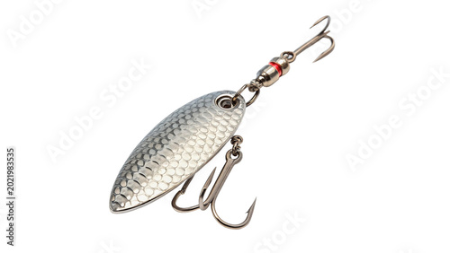 Photos Silver metallic spoon fishing lure or spinner bait with a sharp hook for active