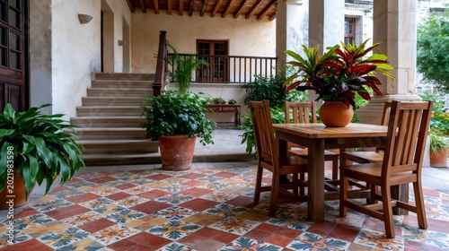 Traditional colonial courtyard patio with mexican tile floor