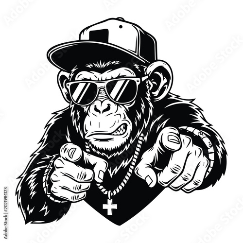 Photography Cool chimpanzee mascot wearing baseball cap and sunglasses vector illustration monkey boss