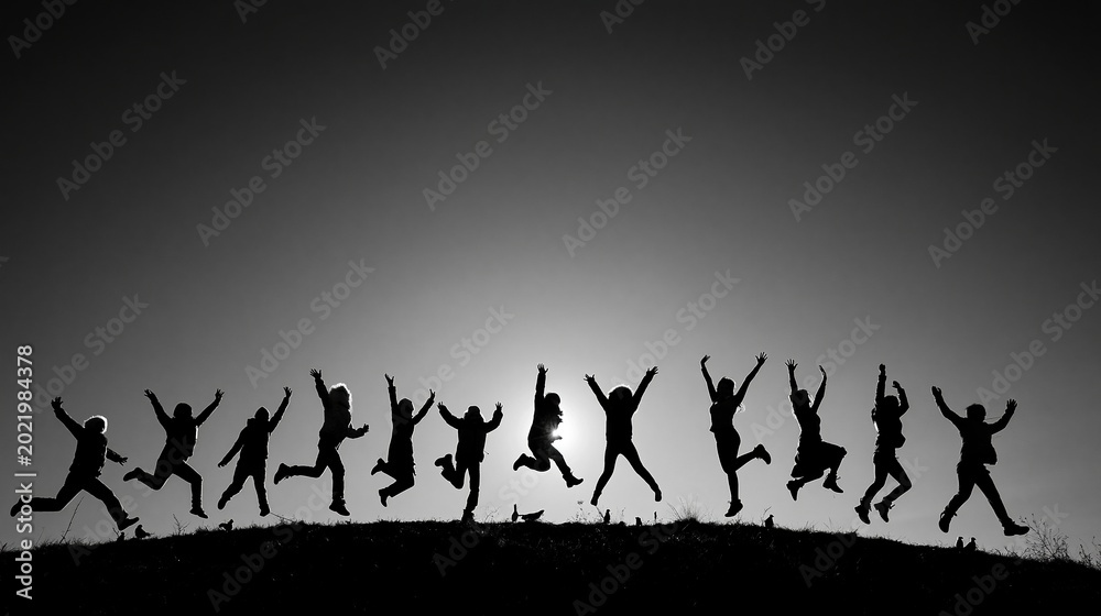 Obraz premium Joyful Silhouettes of Diverse Group Jumping with Arms Raised in Celebration Against a Bright Sky