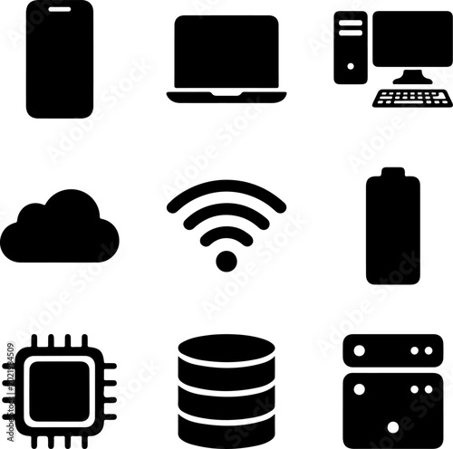 Bild auf Leinwand Technology and computer hardware solid icon set with smartphone laptop desktop p