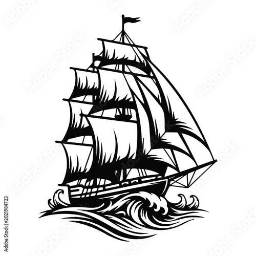 Foto Vintage tall ship on ocean waves with full sails an ancient vessel vector illustration