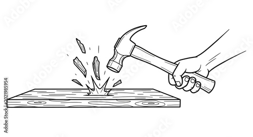 Obraz na plátně Hand holding a hammer hitting a wooden plank causing splinters.