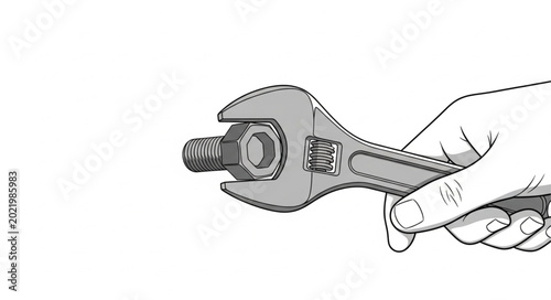 Bild auf Leinwand Hand holding adjustable wrench tightening a bolt and nut.