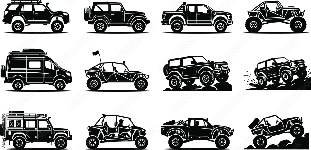 Obraz premium Off road vehicles silhouette vector icon set including suv trucks buggy camper and jeep for adventure travel motorsport design