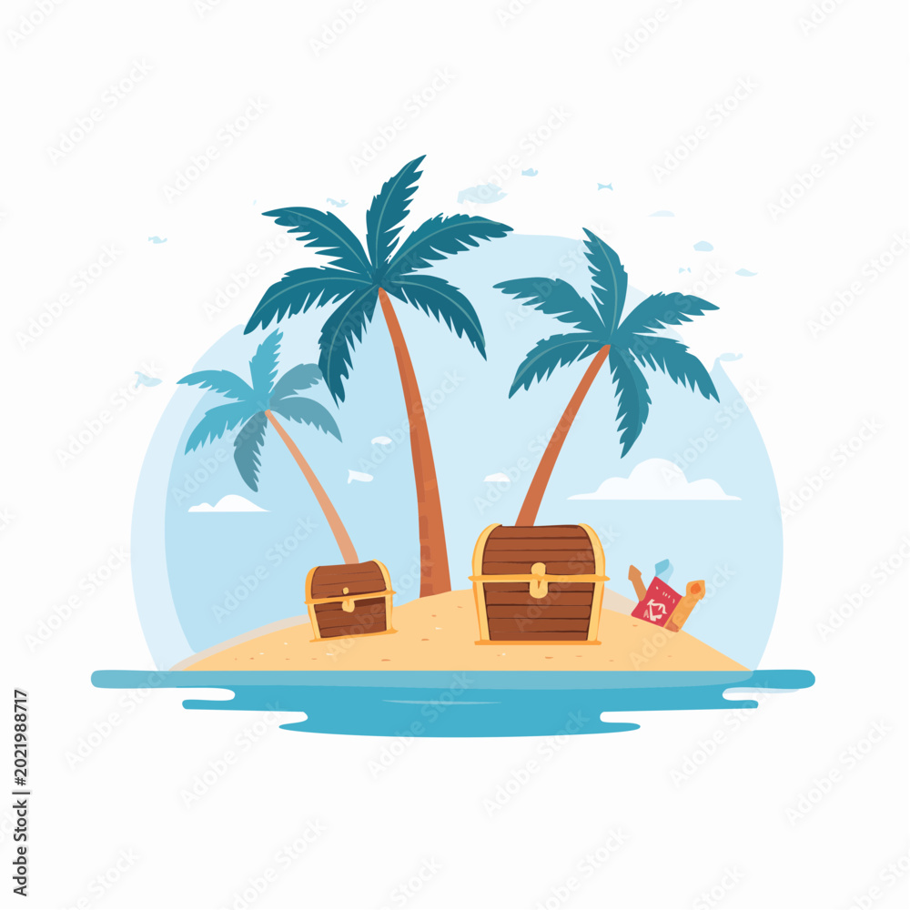 Obraz premium Tropical Island with Treasure Chests and Palm Trees