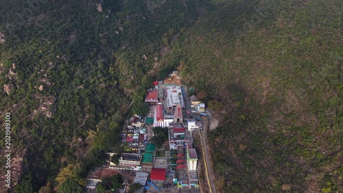 Aerial view of Marudhamalai Temple and winding hill roads in Coimbatore Tamil Nadu