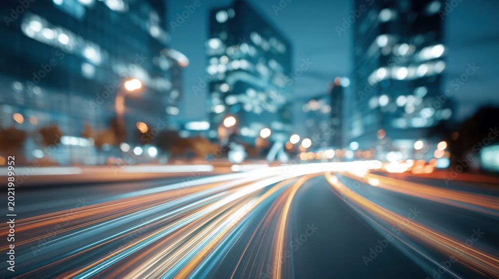 Fototapeta premium Blurry Nighttime City Street with Streaking Car Lights Conveying Speed and Urban Motion