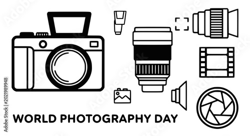 Obraz na płótnie World Photography Day Icon Set: Camera, Lens, Film, Flash
