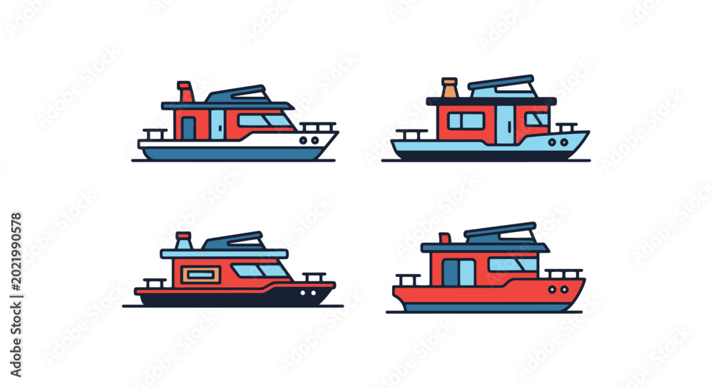 Fototapeta premium Houseboat Line art vector set abstract colorful pattern