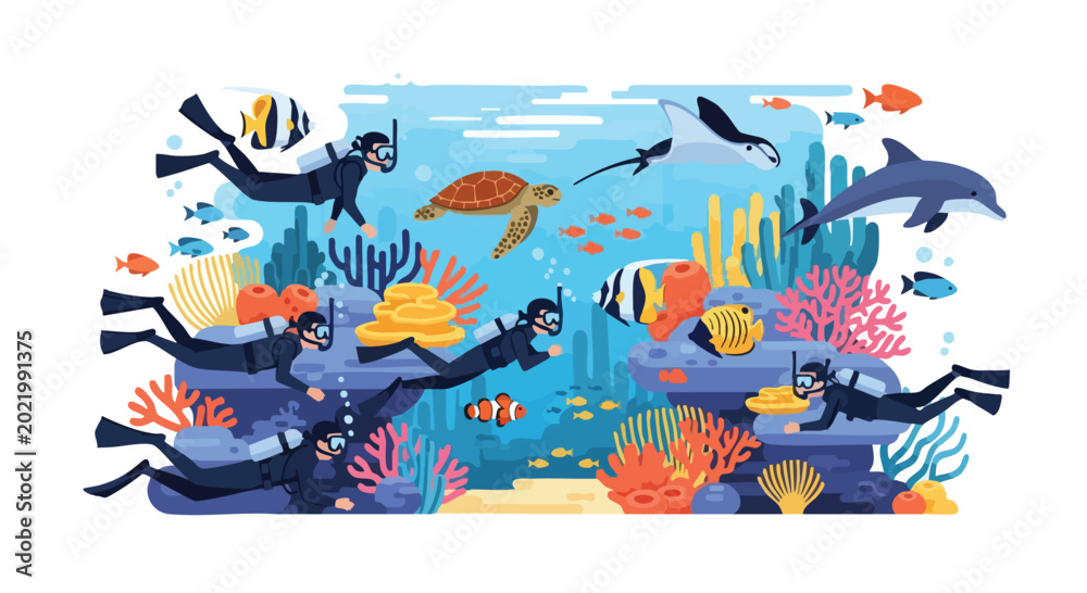 Naklejka premium Vibrant underwater scene with divers exploring coral reef teeming with marine life