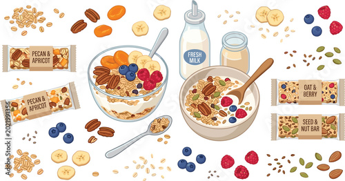 Cuadro en lienzo Healthy breakfast cereal vector illustration set with granola bowls milk bottles