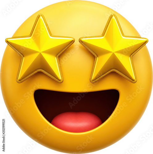 3D star-struck face emoticon with gold star eyes isolated on transparent background