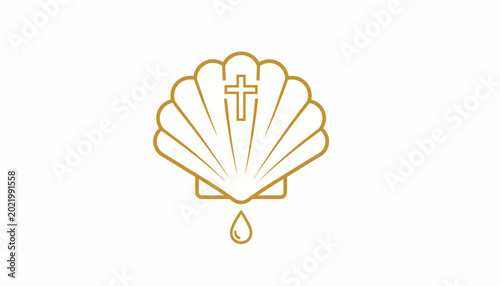 Golden baptism shell icon with christian cross and water drop, religious baptismal symbol vector, elegant gold line art for church ceremony