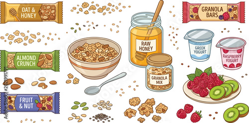 Healthy breakfast granola bar vector icon set with cereal bowls honey jars greek yogurt almonds seeds and fresh fruits,