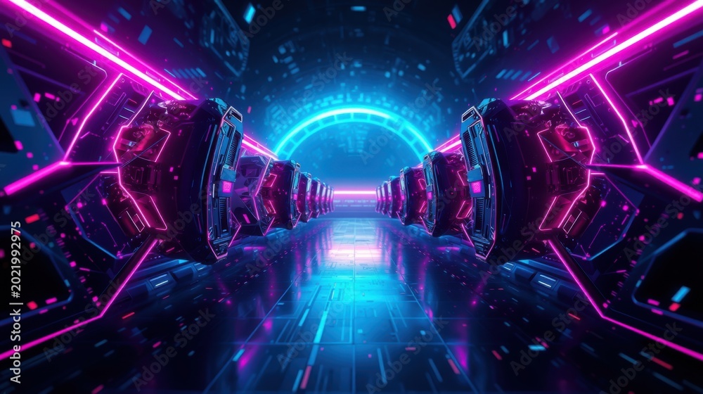 Fototapeta premium Futuristic corridor glows with vibrant neon lights. Symmetry creates endless perspective, digital aesthetic dominates space.