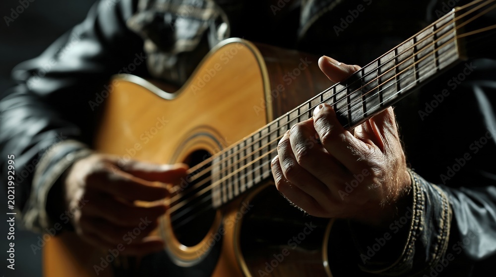 Obraz premium Close Up of Musician's Hands Playing Acoustic Guitar with Focus on Strings and Fretboard