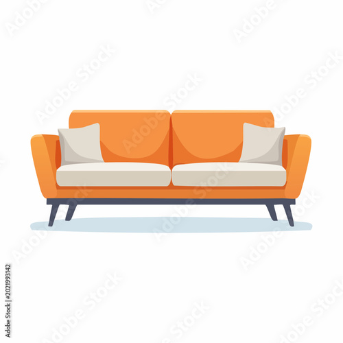 Modern orange couch with beige cushions and pillows on black legs isolated on white