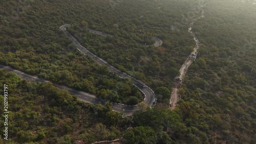 Aerial view of winding hill roads in Coimbatore Tamil Nadu