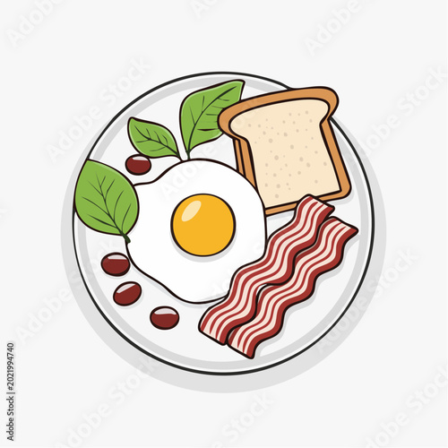 Cartoon Breakfast Plate with Fried Egg, Bacon, Toast, and Beans