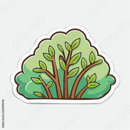 Cartoon Bush with Green Leaves and Brown Branches
