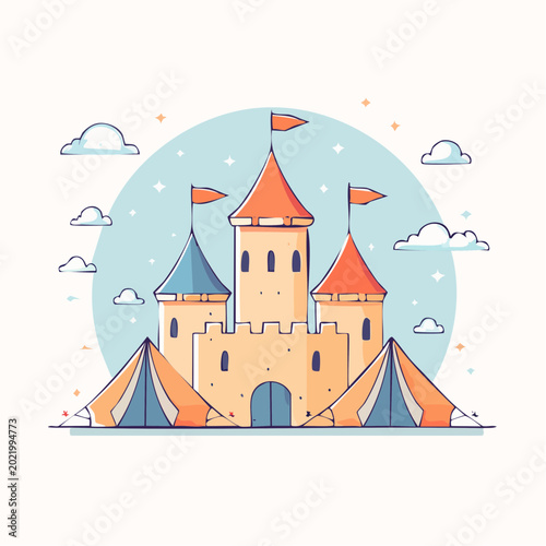 Cartoon Castle with Tents and Clouds