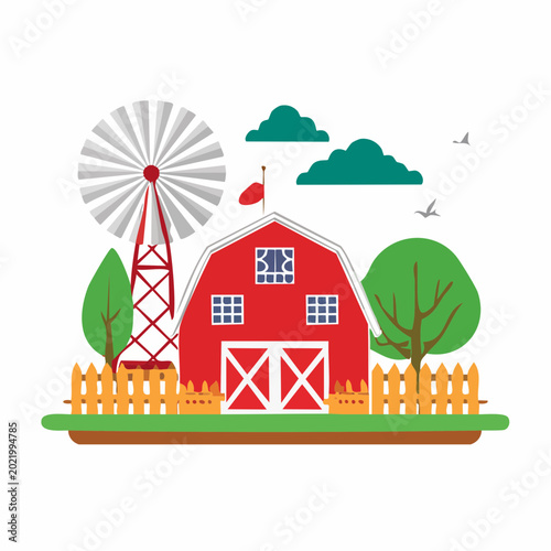 Cartoon Farm Scene with Red Barn and Windmill