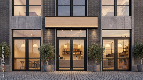 Modern Symmetrical Cafe Storefront with Blank Horizontal Signboard Mockup