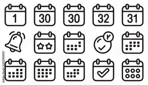 Outline style calendar icon collection with dates notification bells and status indicators.