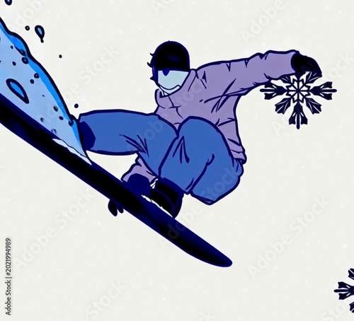 Snowboarder jumping mid-air with snowflakes in winter landscape