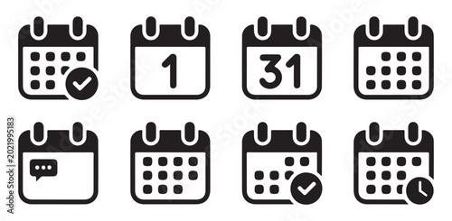 Set of calendar icons with various symbols like check mark and time representing dates.