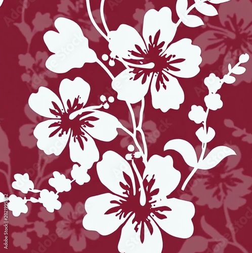 White cherry blossom branches pattern on deep red background