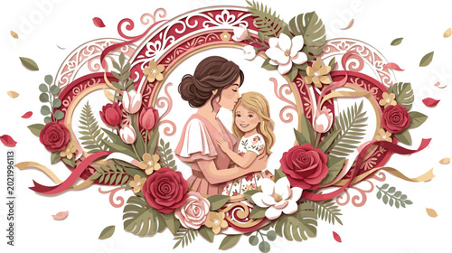 Valokuva Mothers Day vintage vector illustration with mother kissing daughter enclosed in