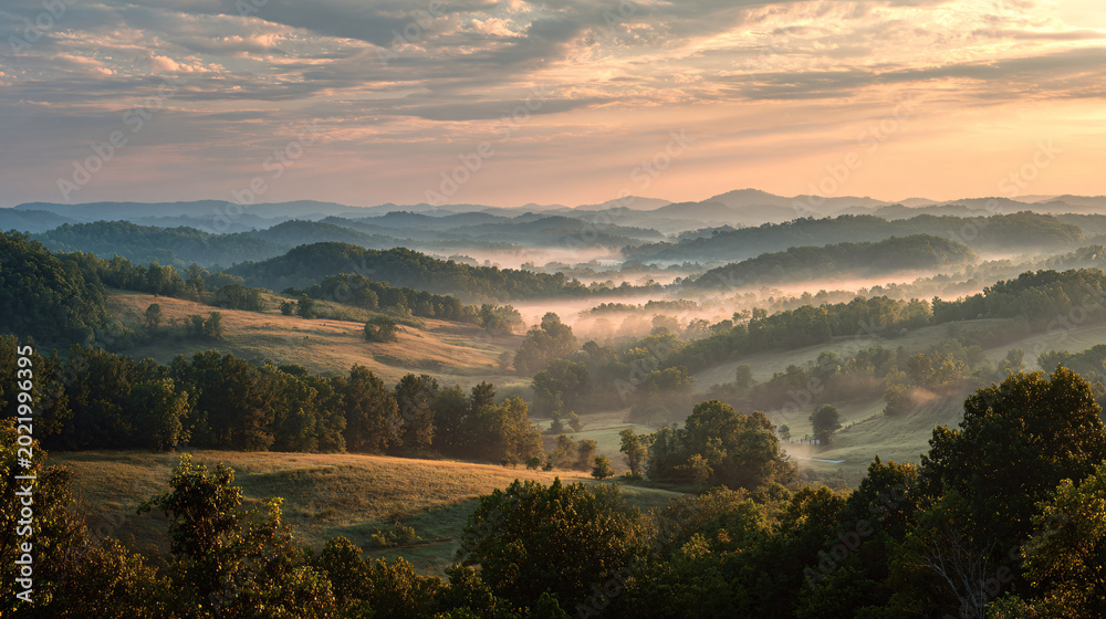 Naklejka premium Scenic view of rolling hills and lush forests at sunrise with mist and vibrant sky