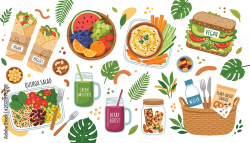 Billede på lærred Vegan picnic food vector illustration set with quinoa salad wraps hummus sandwic