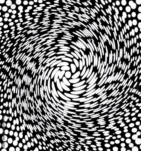 Symmetrical circular pattern with dots and swirling teal lines on dark background