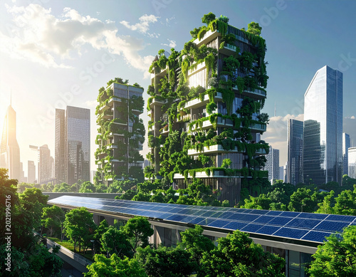 green city with solar panels and vertical gardens, Generated image	
