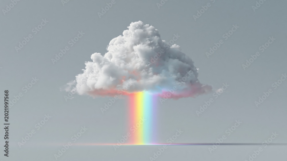 Fototapeta premium Fluffy white cloud with a vibrant rainbow shining down on a subtle light gradient background