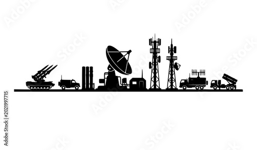 Bild auf Leinwand Minimal air defense missile radar silhouette flat vector illustration isolated m