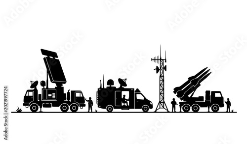 Fotografía Air defense radar station and missile system silhouette flat vector illustration