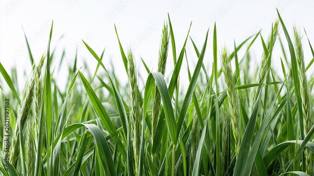 Fototapeta premium Vibrant green wheat stalks reaching towards the sky, symbolizing growth and natural abundance