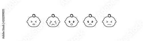 Set of sad Baby face emotions. Perfect for stickers, nursery designs, apps, social media, and kids projects. Cute line icons for newborn tracking apps and parenting interface design